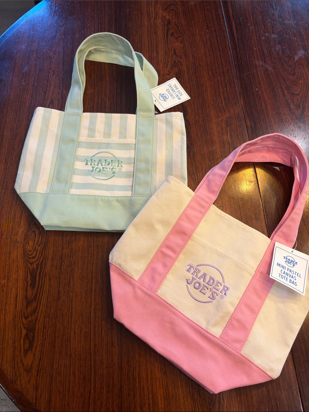 Trader Joe's Canvas Mini Tote Bags- Pink / Green. 2 bags